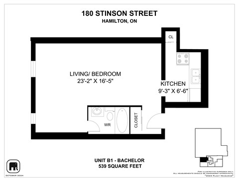 A floor plan for a Bachelor unit at 180 Stinson Street, Hamilton, ON.